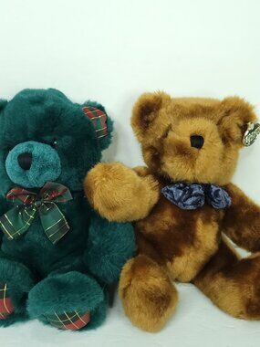 Lot of 2 Teddy Bear Brown Green Plaid Paws Bow Tie Plush Stuffed Animal 11"